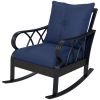 Nautical Rocking Chair, Outdoor Wicker Rattan, Blue Cushions, Porch Relaxation