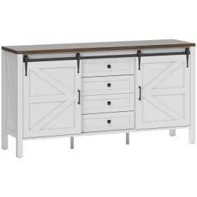 59" Buffet Cabinet, Farmhouse Sideboard with Thick Top, 2 Barn Doors, 4 Drawers and 2 Adjustable Shelves, White