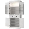 71" Tall Pantry Cabinet, Kitchen Storage w/ LED Lights, Drower & Adjustable Shelves, Freestanding Pantry for Dining, White