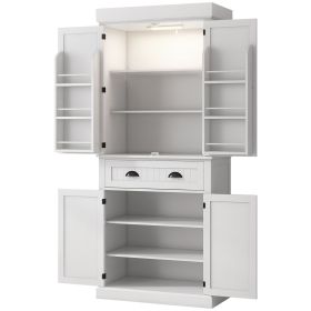 71" Tall Pantry Cabinet, Kitchen Storage w/ LED Lights, Drower & Adjustable Shelves, Freestanding Pantry for Dining, White