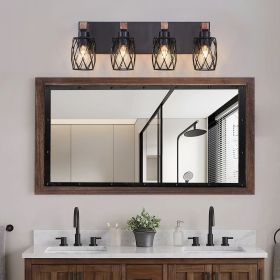 24" Industrial Vintage 4-Light Wall Sconce - Black Cage Wall Lighting Fixture with Wooden Accents for Bathroom, Hallway