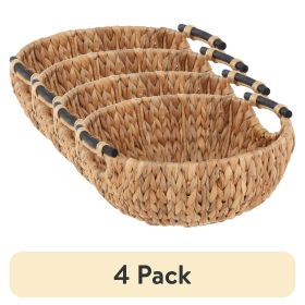 (4 pack)Natural Woven Water Hyacinth Decorative Bowl with Wooden Handles