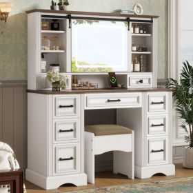 47.2" Farmhouse Makeup Vanity Desk with Sliding Mirror, Large Vanity Set with LED Lights, Dressing Table with Storage Stool and 9 Drawers