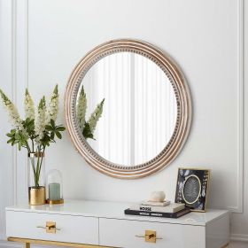 Rustic Round Wall Mirror, 23.62 Inches Wood Circle Mirror with Beads, Decorative Farmhouse Mirror for Living Room, Bedroom, Kitchen, Entryway (White)