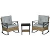 Rocking Bistro Set 3PC Wicker Outdoor Furniture with Rocker Chairs Cushions Coffee Table Light Grey