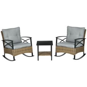 Rocking Bistro Set 3PC Wicker Outdoor Furniture with Rocker Chairs Cushions Coffee Table Light Grey