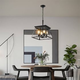 (Same as W1340111204/L1010) 16" Black Gold Industrial 4-Light Pendant Chandelier, Modern Metal Cage Design, Adjustable Hanging Light for Dining Room