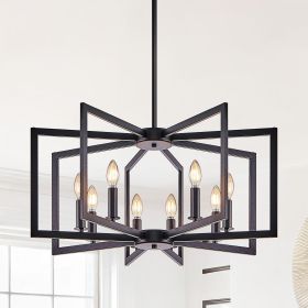 27" Modern Black Geometric 8-Light Chandelier â€“ Industrial Metal Pendant Light Fixture for Living Room, Dining Room, or Kitchen (Bulb Not Included)