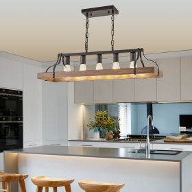 34-Inch Black and Walnut Wood Grain Pendant Light, 5 E26 Bulb Sockets, Adjustable Chain Height â€“ Modern Farmhouse Chandelier for Dining Room