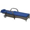 Reclining Chaise Lounge Chair Dark Blue Rolling Outdoor Rattan with Cushion Headrest Armrests and Wheels for Comfort