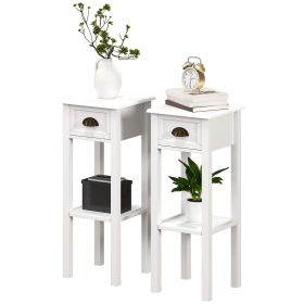 2-Tier Side Tables Set of 2 with Drawer and Shelf, 2 Pieces End Tables for Living Room and Hallway, White