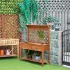 Garden Potting Bench Outdoor Wooden Workstation with Metal Screen Drawer Hooks Storage Shelf Lattice Back