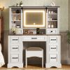 47.2" Farmhouse Makeup Vanity Desk with Sliding Mirror, Large Vanity Set with LED Lights, Dressing Table with Storage Stool and 9 Drawers