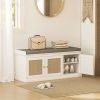 Shoe Storage Bench with Woven Rattan Doors, Shoe Bench with Cushion, Adjustable Shelves, Entryway Bench, White