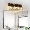 24" Modern Geometric 4-Light Vanity Light Fixture with Black Metal, Wooden Accents and Cage Lampshade for Bathroom, Bedroom