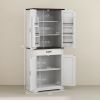 71" Tall Kitchen Cabinet, Farmhouse Pantry Cabinet w/ Barn Doors, 6 Shelves w/ 2 Doors, Drawer and Adjustable Shelves, White