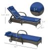 Reclining Chaise Lounge Chair Dark Blue Rolling Outdoor Rattan with Cushion Headrest Armrests and Wheels for Comfort