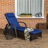 Reclining Chaise Lounge Chair Dark Blue Rolling Outdoor Rattan with Cushion Headrest Armrests and Wheels for Comfort