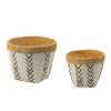 Set of 2 White and Brown Cement Planters with V Pattern, L:D10x8" S:D8x6.5"