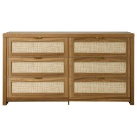 VEVOR 6 Drawer Rattan Dresser, Double Dresser for Bedroom, Natural Rattan Chest of Drawer with Metal Handle (Default: Default)